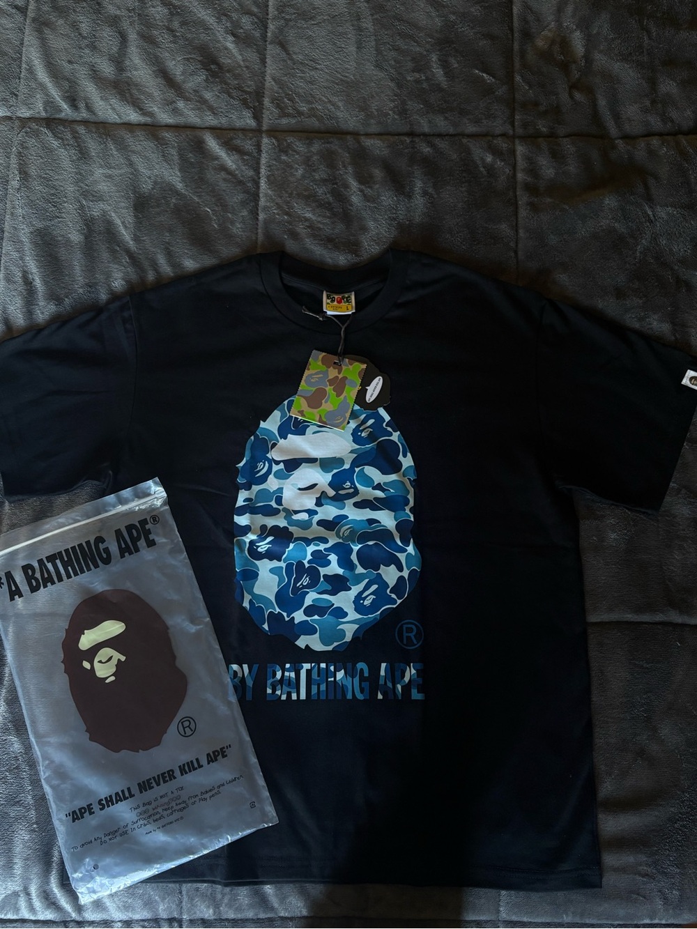 Bape Black Tee with Blue & White Camo Ape Head